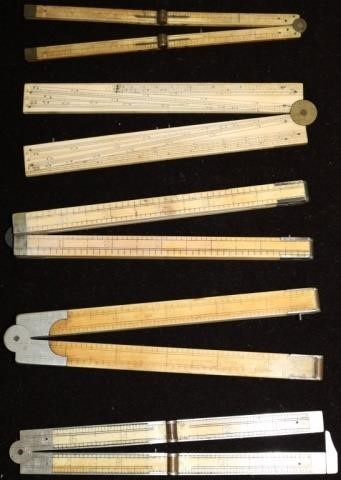 FIVE 19TH C FOLDING RULERS, BRASS