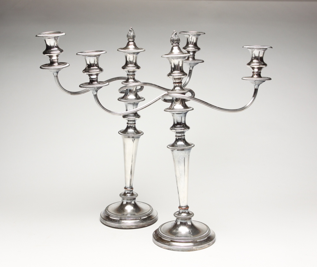 PAIR OF SHEFFIELD SILVERPLATE CANDELABRA.