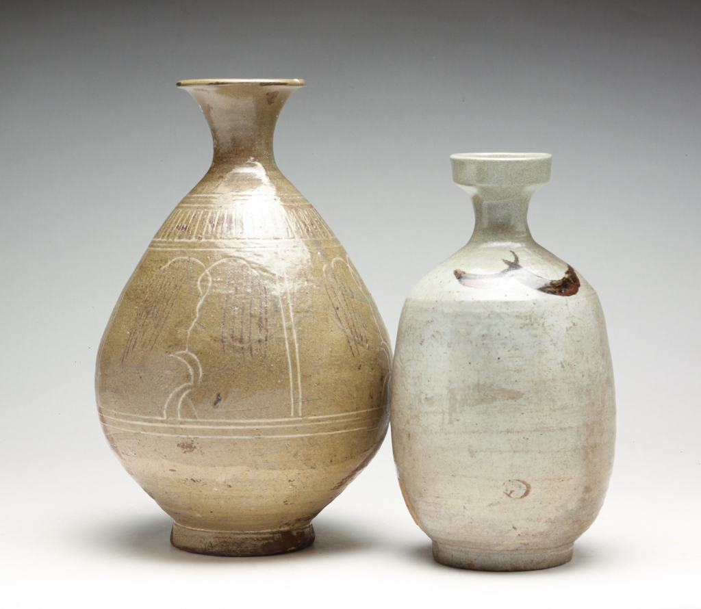 TWO KOREAN POTTERY BOTTLES. Most