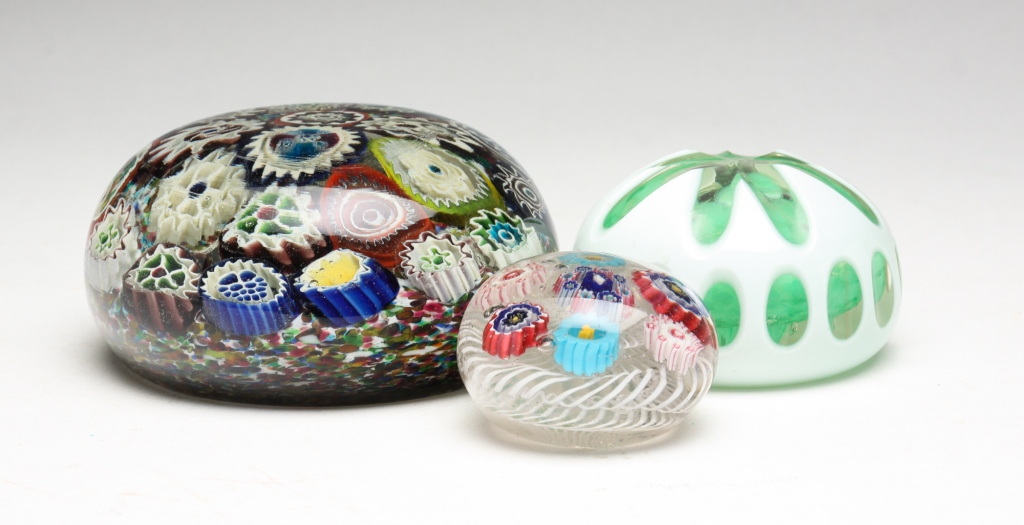 THREE ART GLASS PAPERWEIGHTS. American