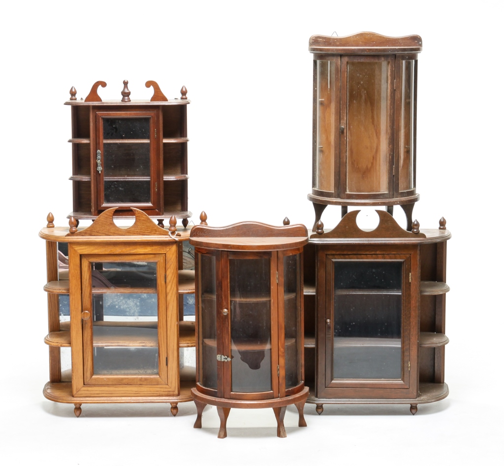 FIVE WOOD AND GLASS DISPLAY CASES.