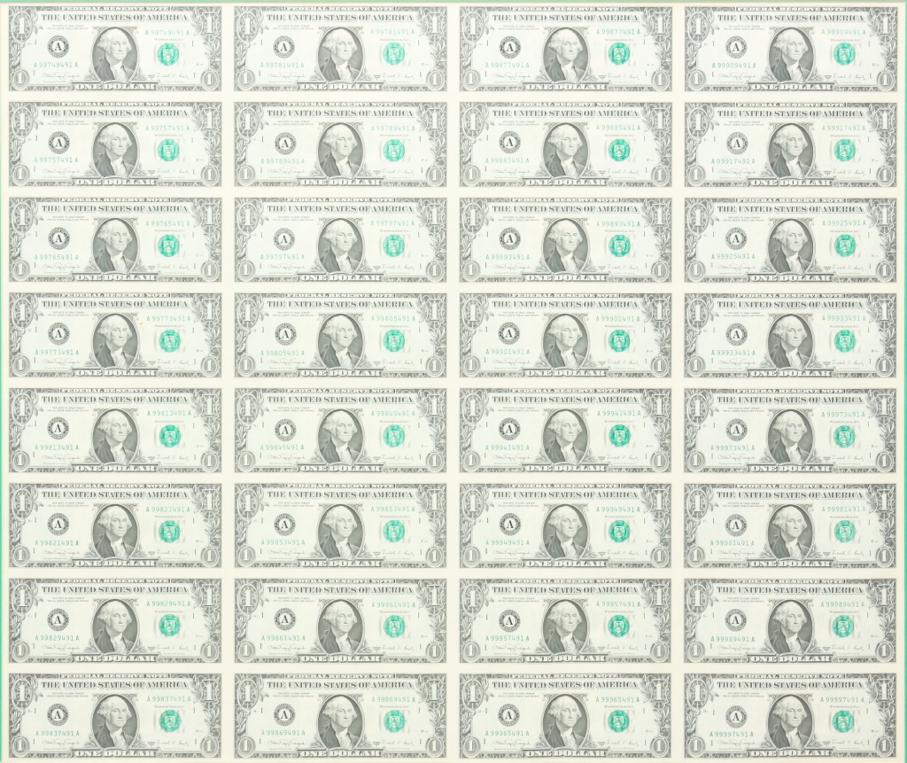 FRAMED SHEET OF DOLLAR BILLS Series 2c2edb