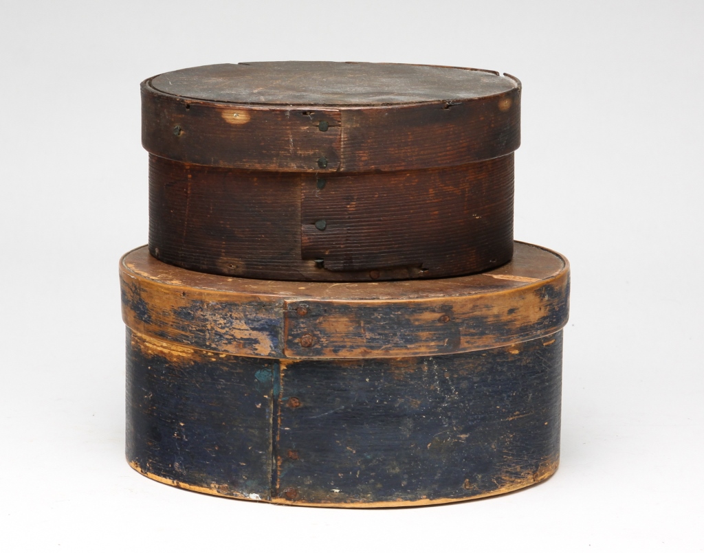 TWO ROUND BENTWOOD PANTRY BOXES.