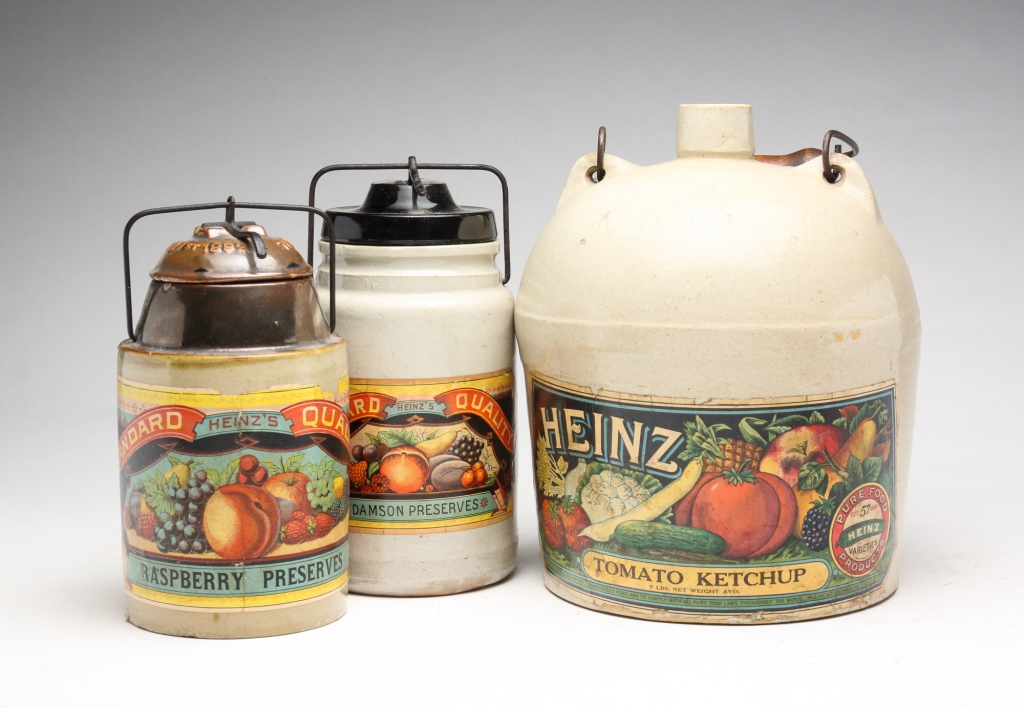 TWO HEINZ LABELED STONEWARE JARS