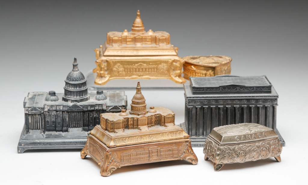 SIX METAL SOUVENIR TRINKET BOXES.