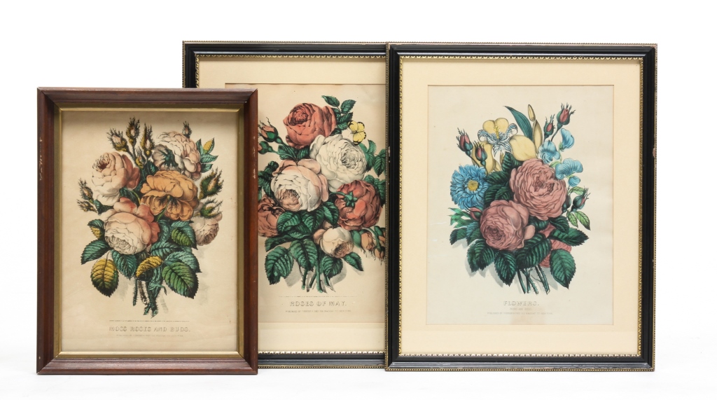 THREE CURRIER AND IVES FLORAL PRINTS.