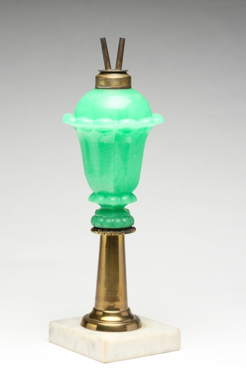 AMERICAN OPAQUE GREEN CAMPHENE LAMP.