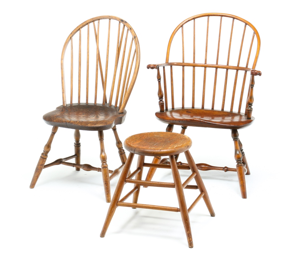 TWO WINDSOR CHAIRS AND A STOOL.