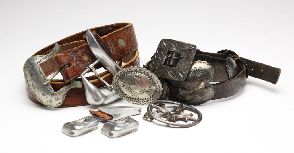 TWO VINTAGE LEATHER BELTS AND BUCKLES.