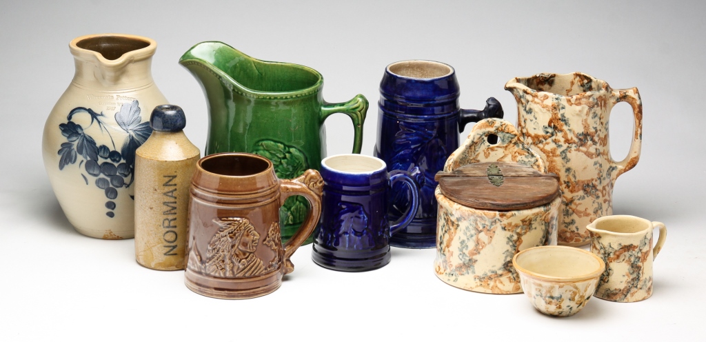 NINE PIECES ASSORTED AMERICAN STONEWARE.