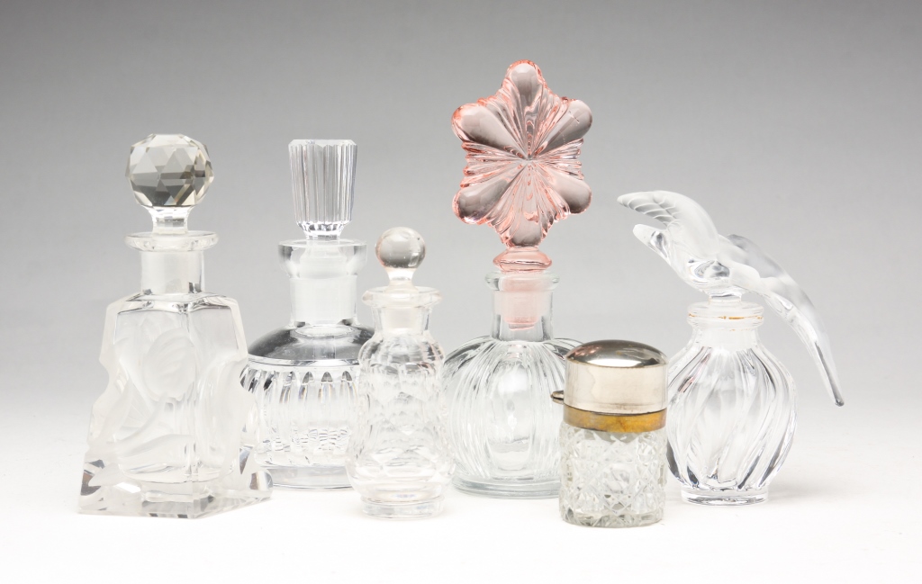 SIX CLEAR GLASS PERFUME BOTTLES  2c309f