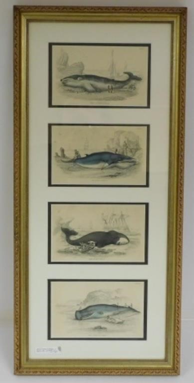 19TH CENTURY FOUR WHALING COLORED ENGRAVINGSframed