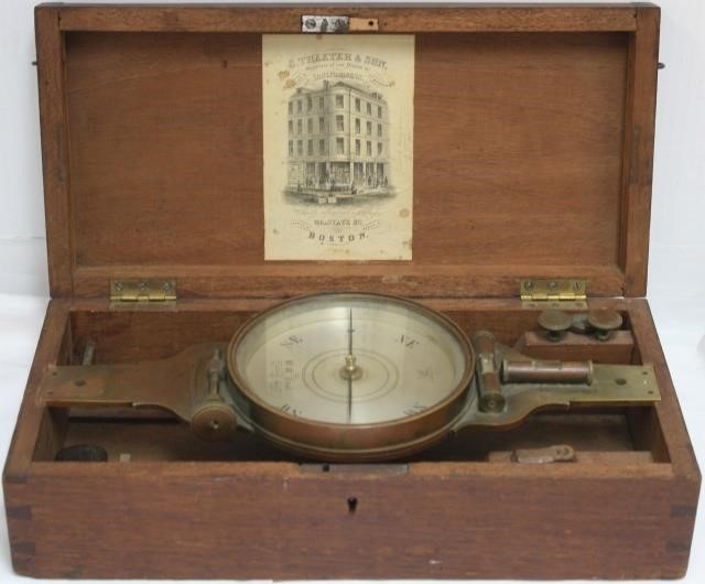 19TH CENTURY BOXED COMPASS. BRASS,