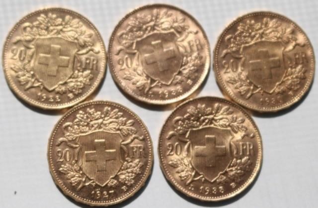 5 SWISS 20 FRANC GOLD COINS 1935 B  2c1b16