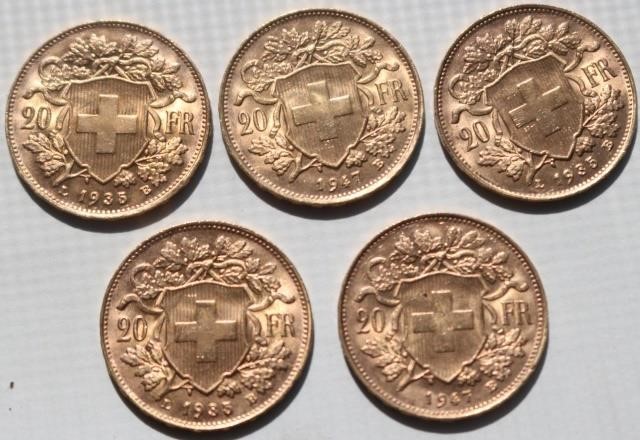 5 SWISS 20 FRANC GOLD COINS. 1947-B,