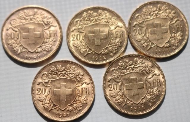 5 SWISS 20 FRANC GOLD COINS. 1949-B,