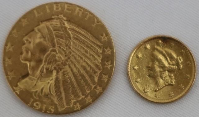 2 US GOLD COINS. 1915 GOLD INDIAN,