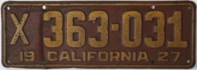 1927 CALIFORNIA LICENSE PLATE.