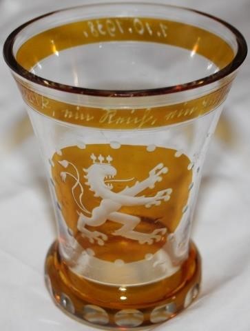 GERMAN ENGRAVED GLASS FOOTED GOBLET,AMBER