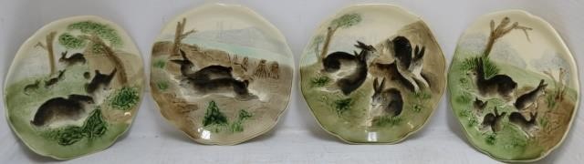 SET OF 4 MAJOLICA RABBIT PLATES,