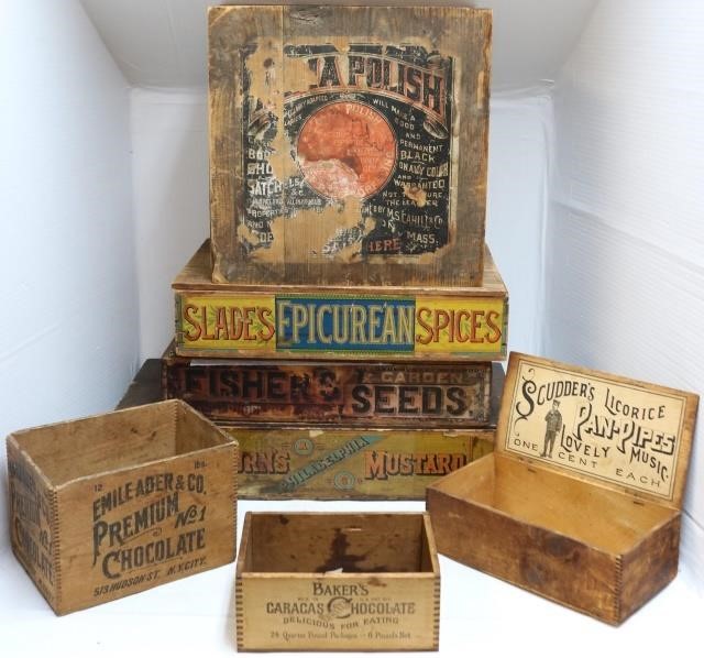 LOT OF 7 WOODEN ADVERTISING BOXES,