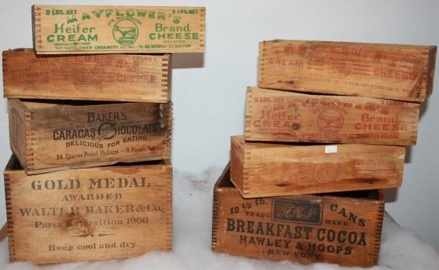 8 SMALL WOODEN ADVERTISING BOXES  2c1f4b