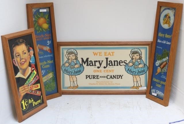 LOT OF 4 FRAMED CANDY AND GUM ADVERTISEMENTS,LITHOGRAPHS