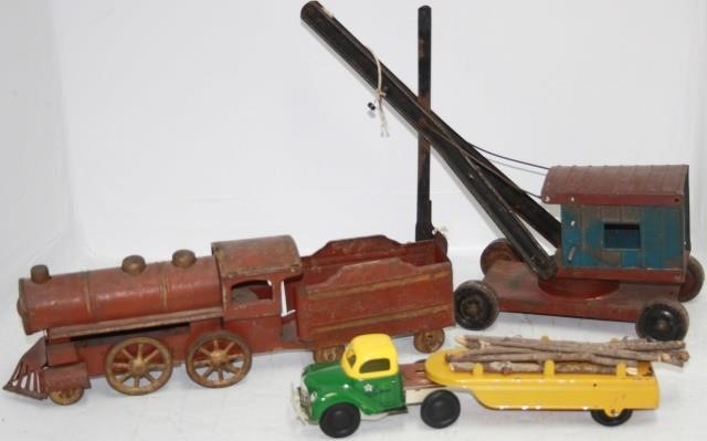 LOT OF 3 METAL TRAIN AND TRUCK TOYS.