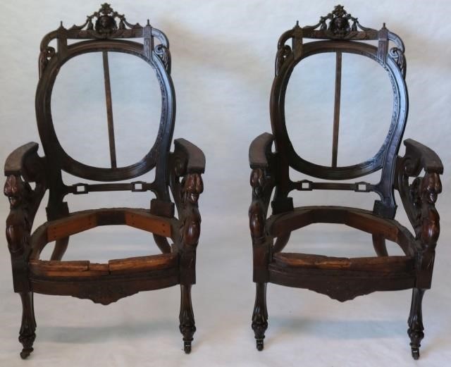 PAIR OF ORNATELY CARVED VICTORIAN ARMCHAIRFRAMES.