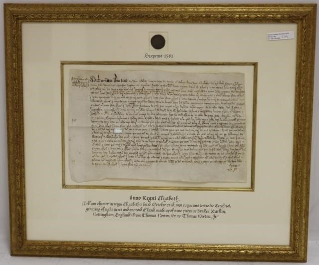 ELIZABETH I FRAMED LAND DEED. DATED