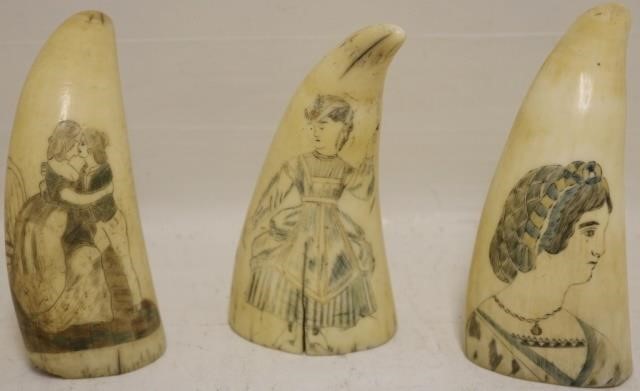 THREE 19TH C SCRIMSHAW WHALE TEETH  2c218e