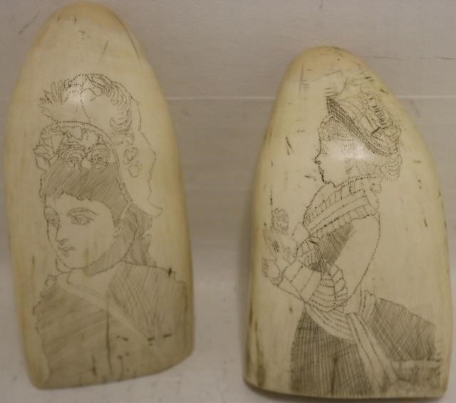 TWO 19TH C SCRIMSHAW WHALE TEETH  2c218f