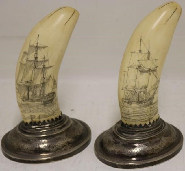 2 SCRIMSHAW WHALE TEETH MOUNTED