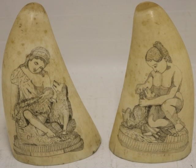 TWO 19TH C SCRIMSHAW WHALE TEETH  2c218c