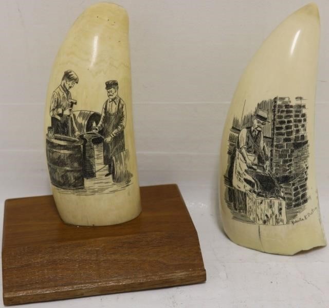 2 LATE 20TH C SCRIMSHAW WHALE TEETH 2c2198