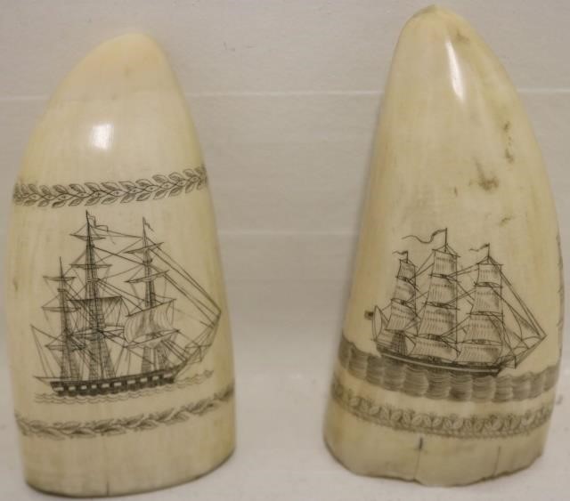 2 SCRIMSHAW WHALE TEETH POSSIBLY 2c219e