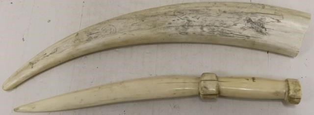 2 LATE 19TH C CARVED WALRUS TUSKS TO