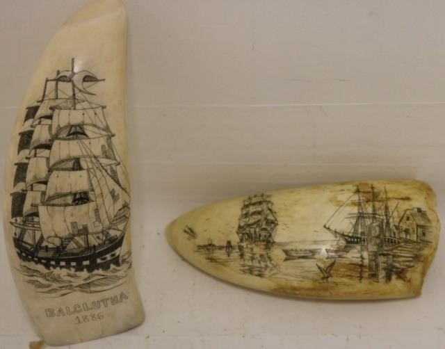 2 LATE 20TH C SCRIMSHAW WHALES