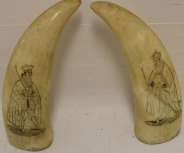 2 MID 19TH C SCRIMSHAW WHALES TEETH  2c229b