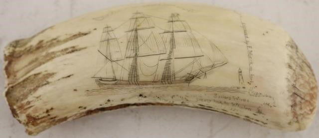 20TH C SCRIMSHAW WHALE TOOTH ENGRAVED F  2c22aa