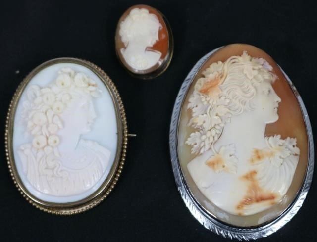 3 VICTORIAN CAMEO PINS.  ONE IS 1 1/8,