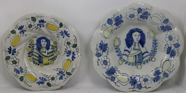 TWO 18TH C DELFT FOOTED BOWLS DEPICTING