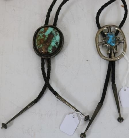 2 NAVAJO SILVER AND TURQUOISE BOLO TIES,