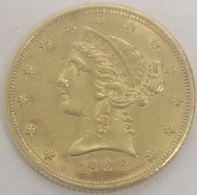 1908 CORONET HEAD $5 GOLD COIN,