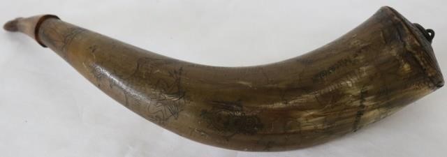18TH C POWDER HORN WITH ENGRAVED