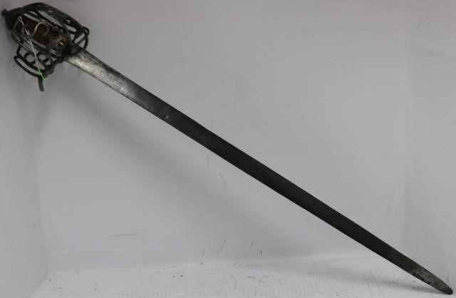18TH C SCOTTISH HILTED BROADSWORD, REPAIREDWOODEN