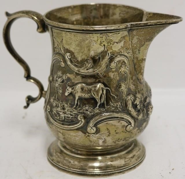 19TH C EMBOSSED COIN SILVER CREAMER