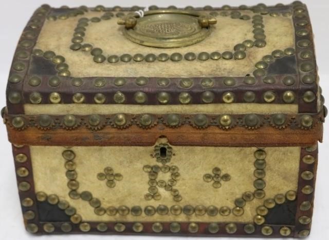 19TH C BRASS STUDDED HIDE COVERED