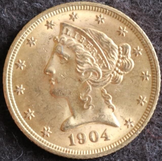 1904 $5 GOLD COIN, UNC, 60 GRADE OR