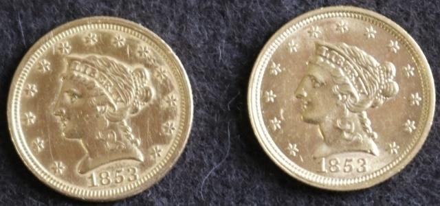 TWO 1853 2 1 2 DOLLAR GOLD COINS  2c26bb